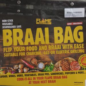 flame braai bag large 300mm x 450mm reusable non stick dishwasher safe. suitable for charcoal gas or electric grilling. flip food with ease.